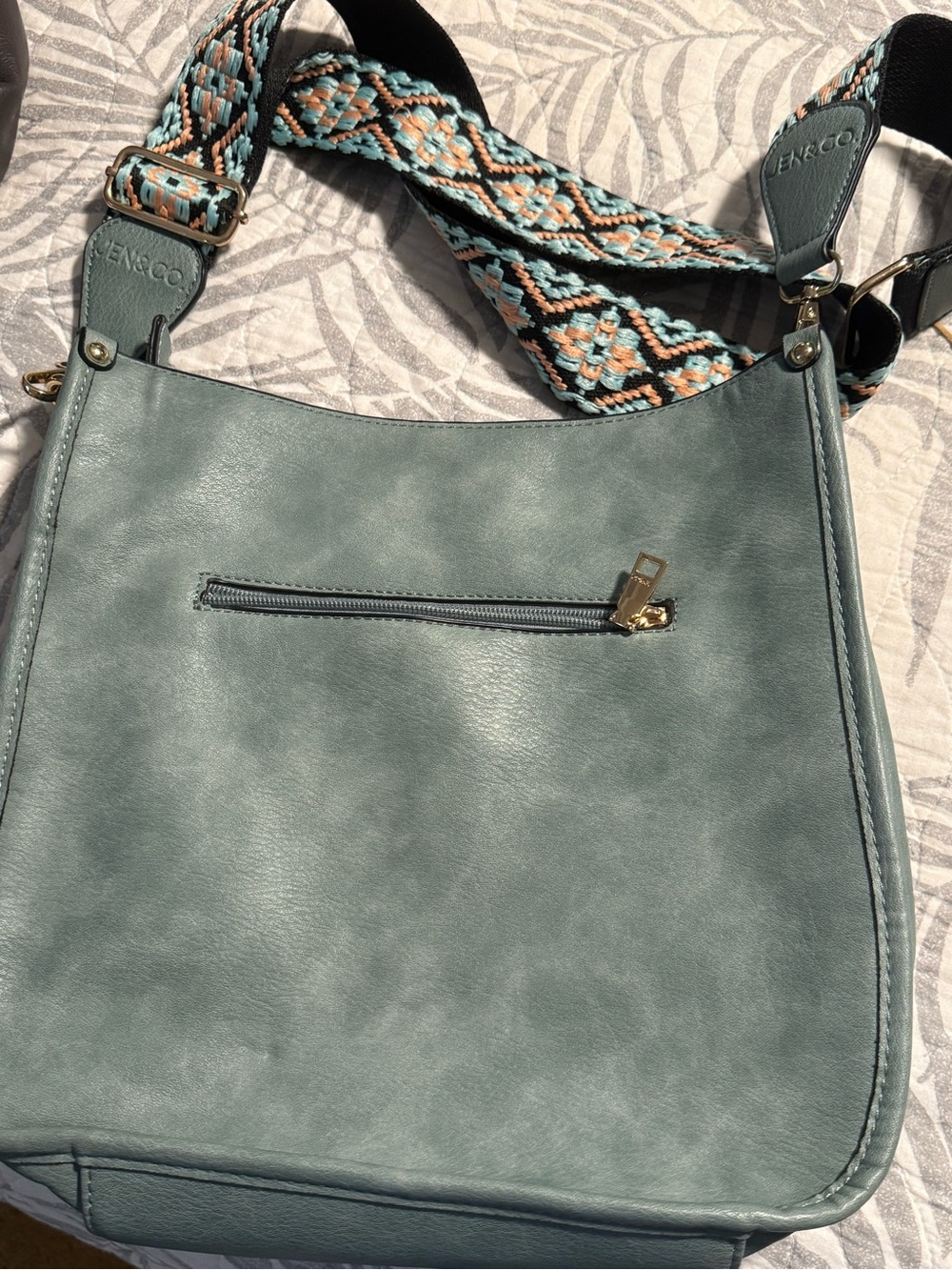 Teal Shoulder Bag with Patterned Detachable Strap